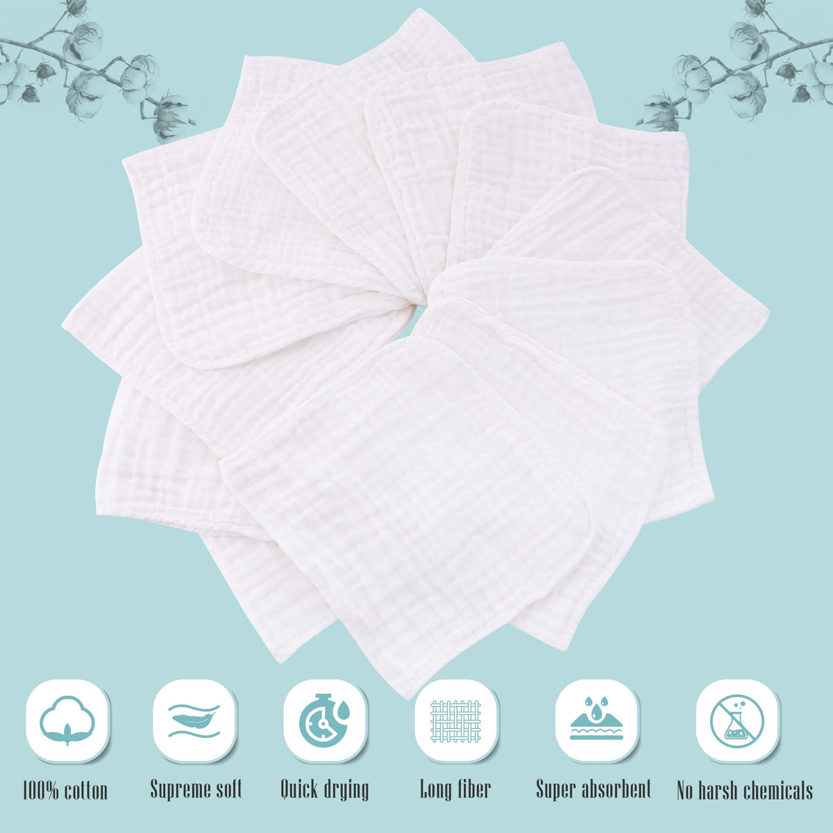 Stacked white cotton muslin burp cloths for baby