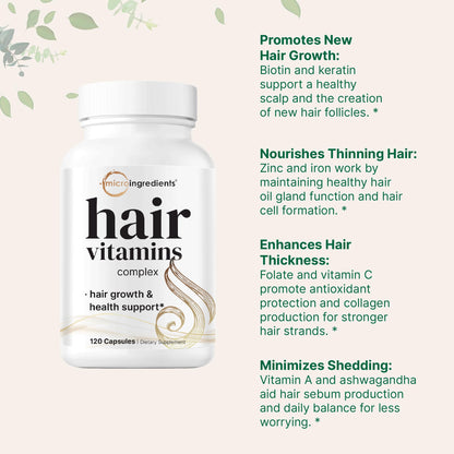 Two capsules of Micro Ingredients Hair Growth supplement displayed next to the official non-GMO certified bottle