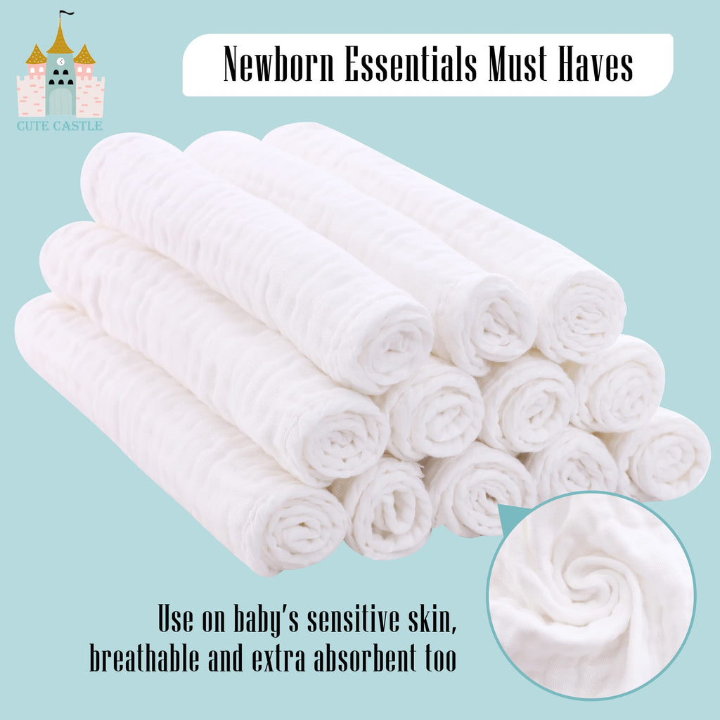 Twelve piece set of white cotton baby burp cloths