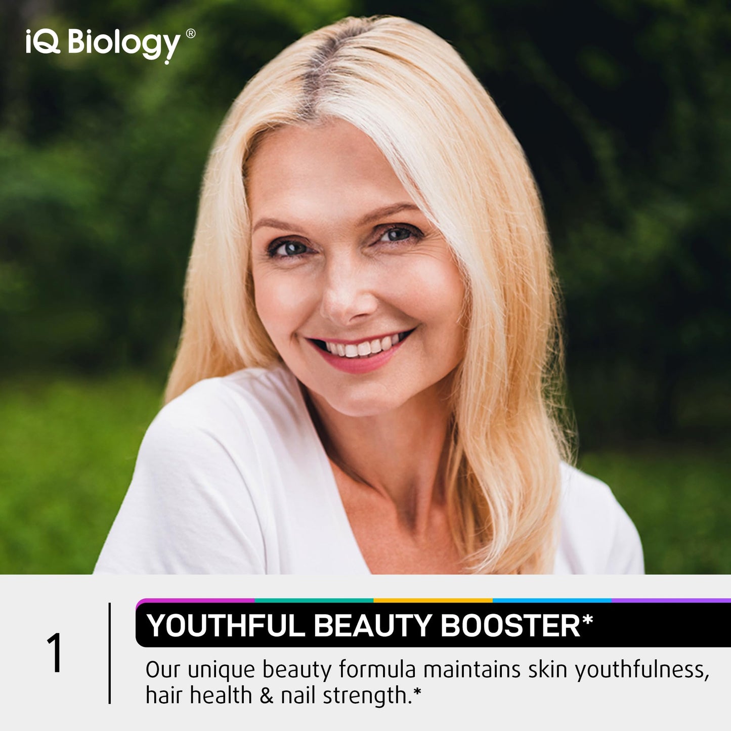 IQ BIOLOGY hair growth supplement bottle with non GMO and gluten free seals