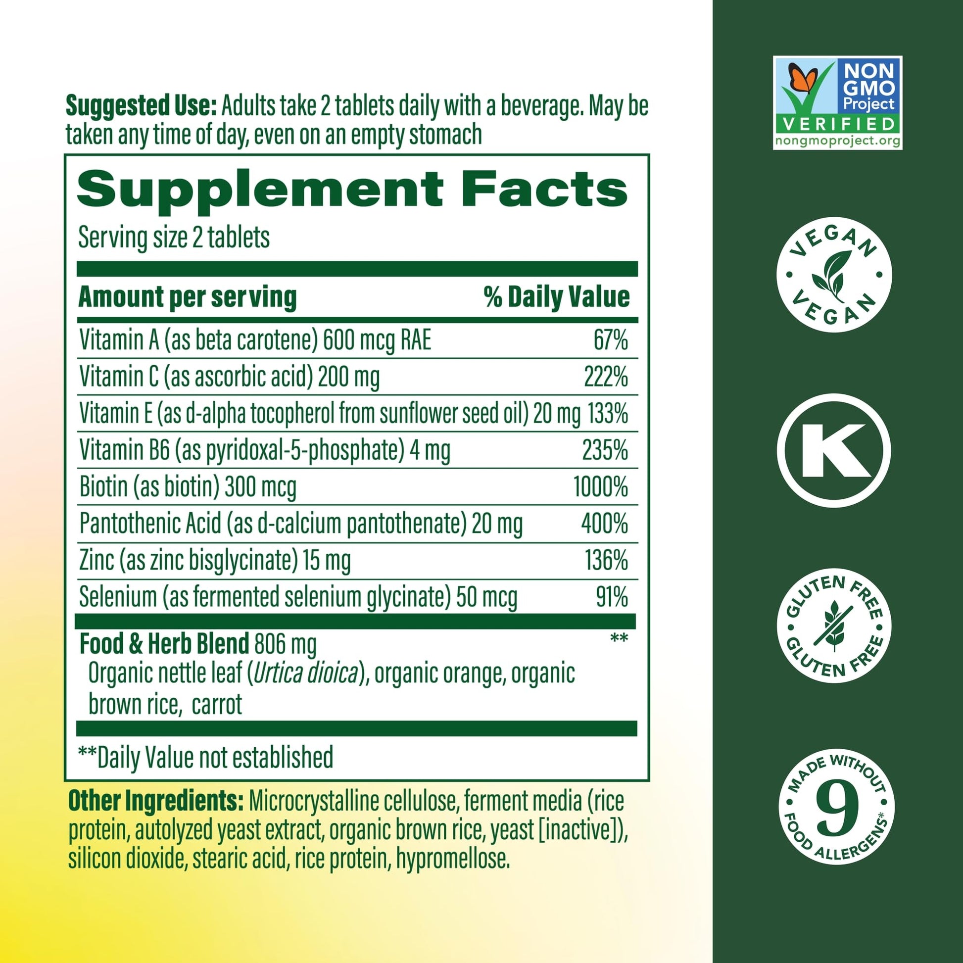 MegaFood beauty supplement bottle showing the vegan and non-GMO certification seals clearly.