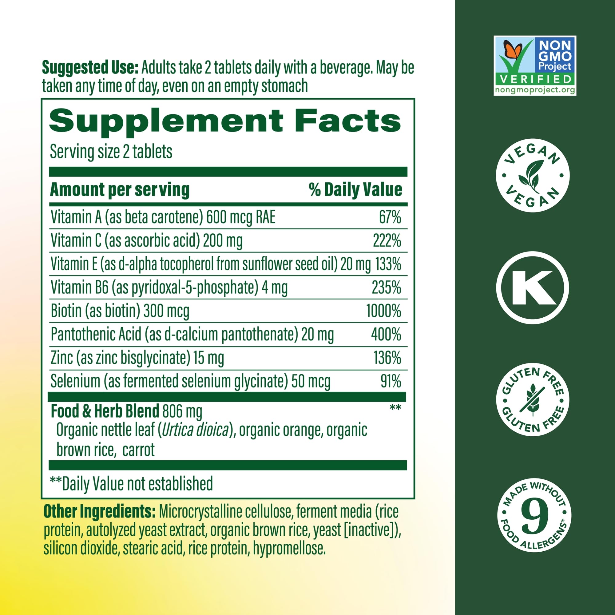 MegaFood beauty supplement bottle showing the vegan and non-GMO certification seals clearly.