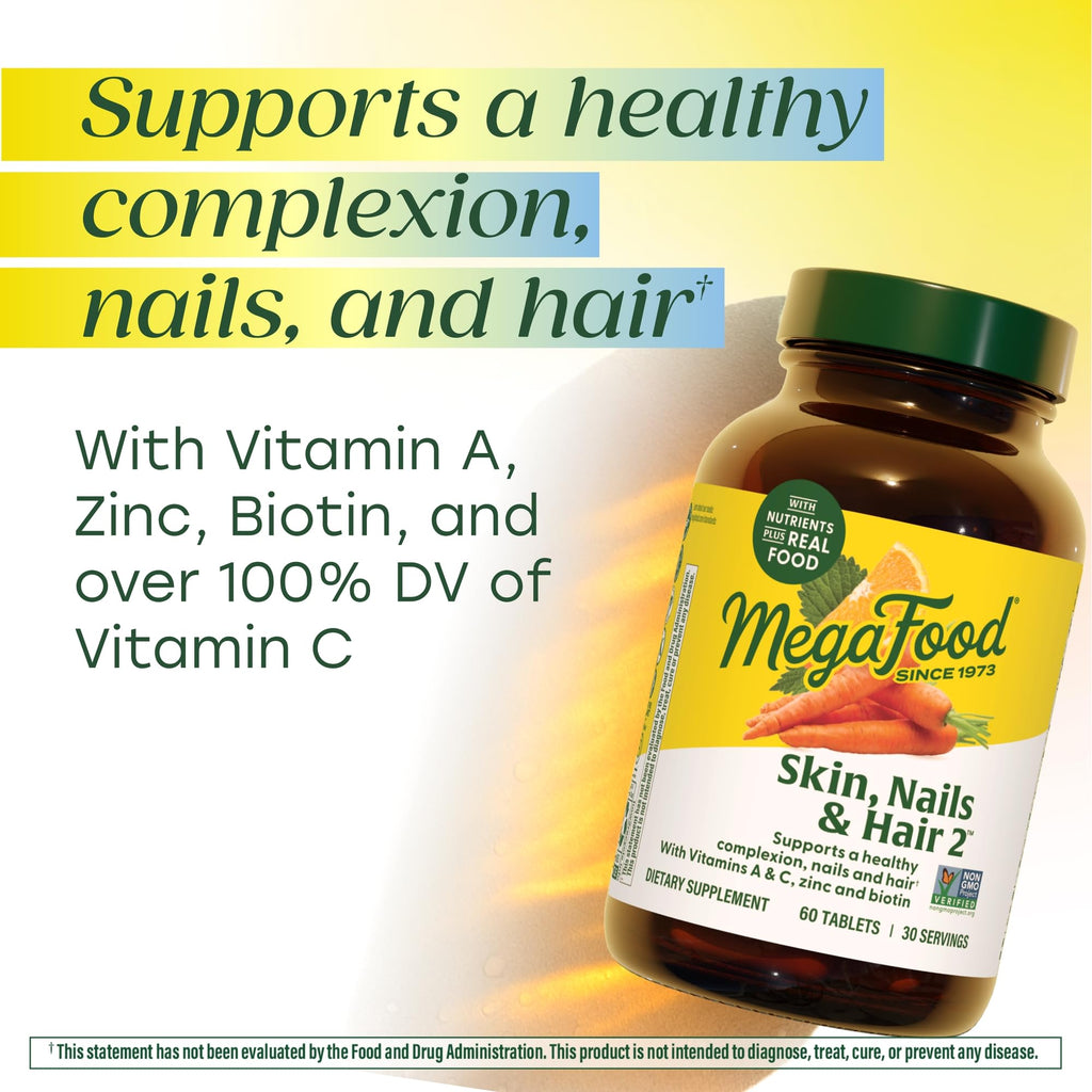 Back label of MegaFood Skin Nails Hair 2 detailing vitamins, zinc, and whole-food ingredients.