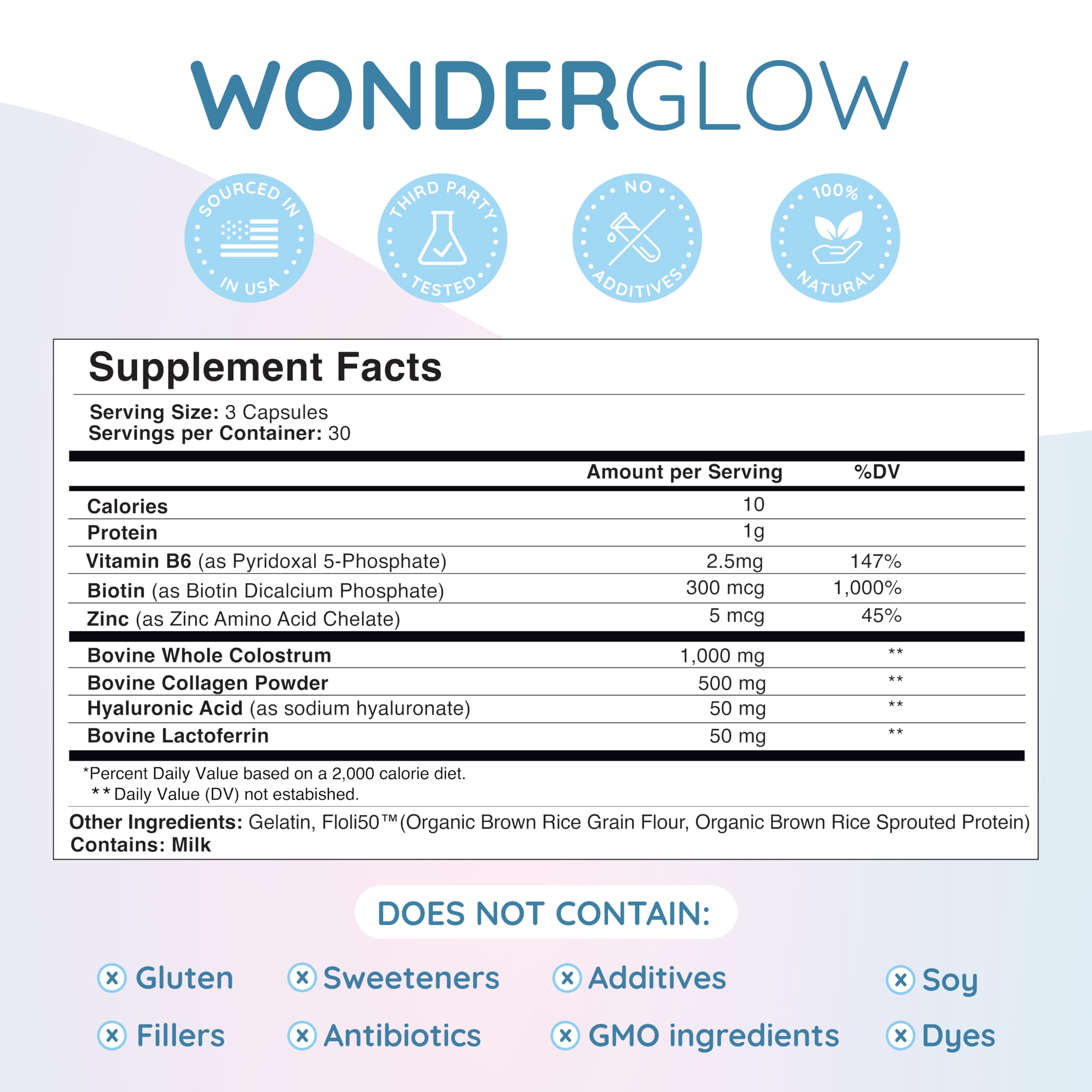 Wondercow bovine colostrum capsules supplement facts label