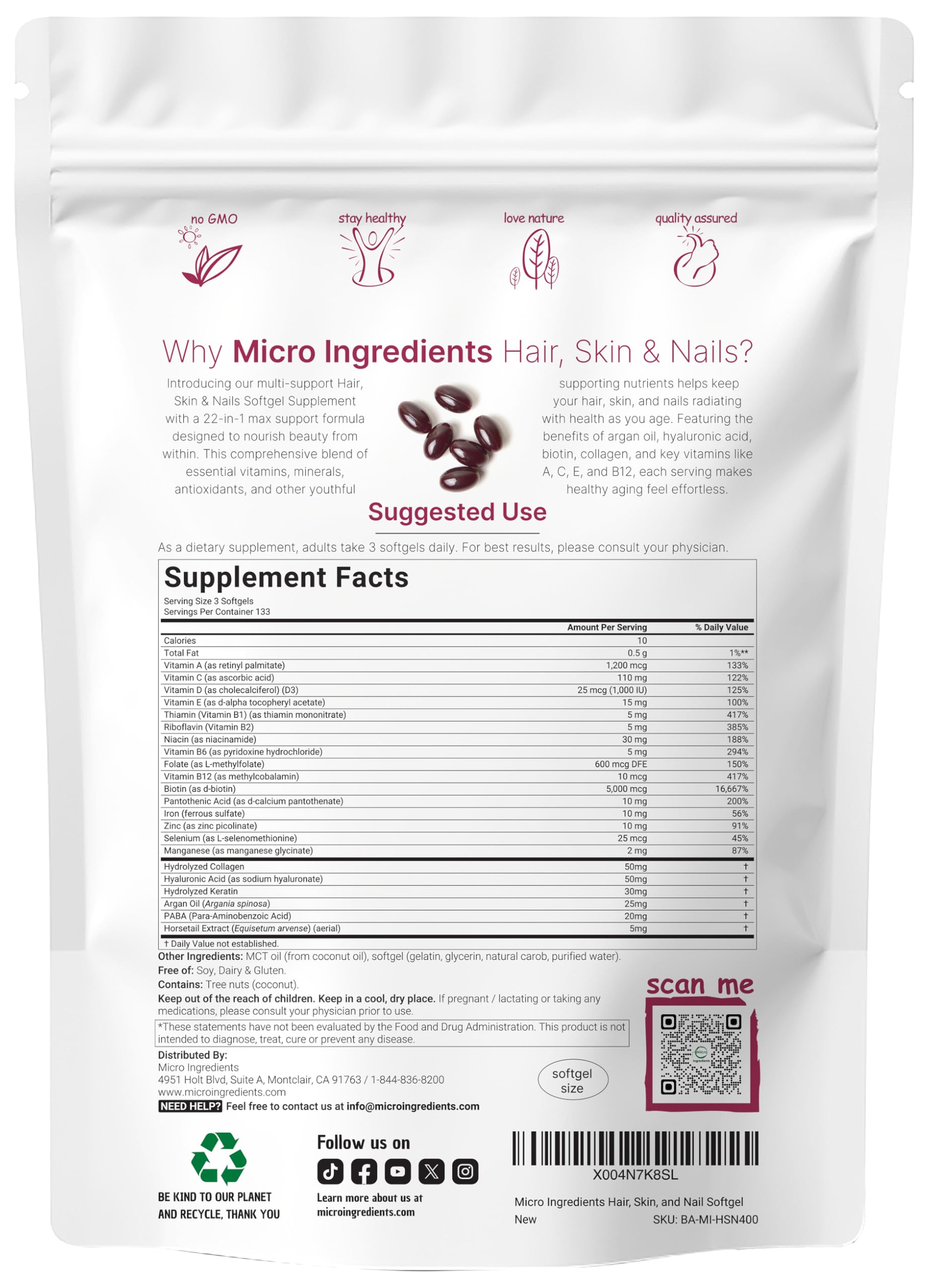 Micro Ingredients beauty supplement bottle featuring the label with biotin, collagen, keratin, and argan oil benefits.