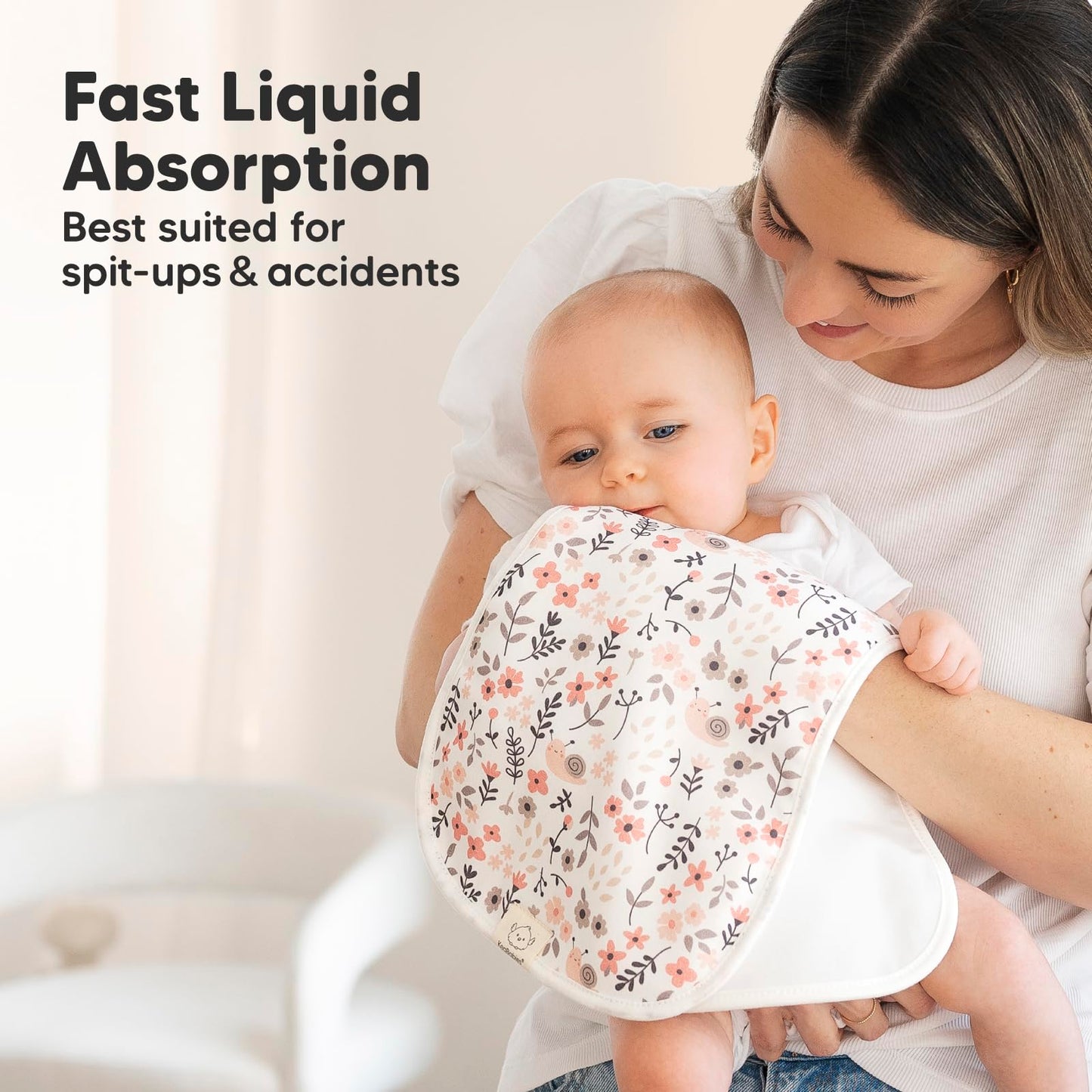 Side view of absorbent three-layer burp cloth