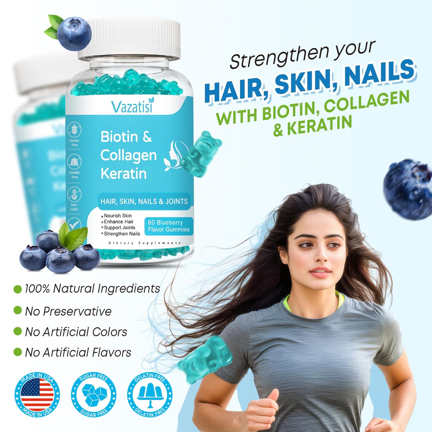 Close up view of sugar free blueberry flavored hair growth gummies next to the Vazatisi packaging