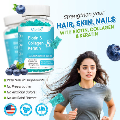Close up view of sugar free blueberry flavored hair growth gummies next to the Vazatisi packaging