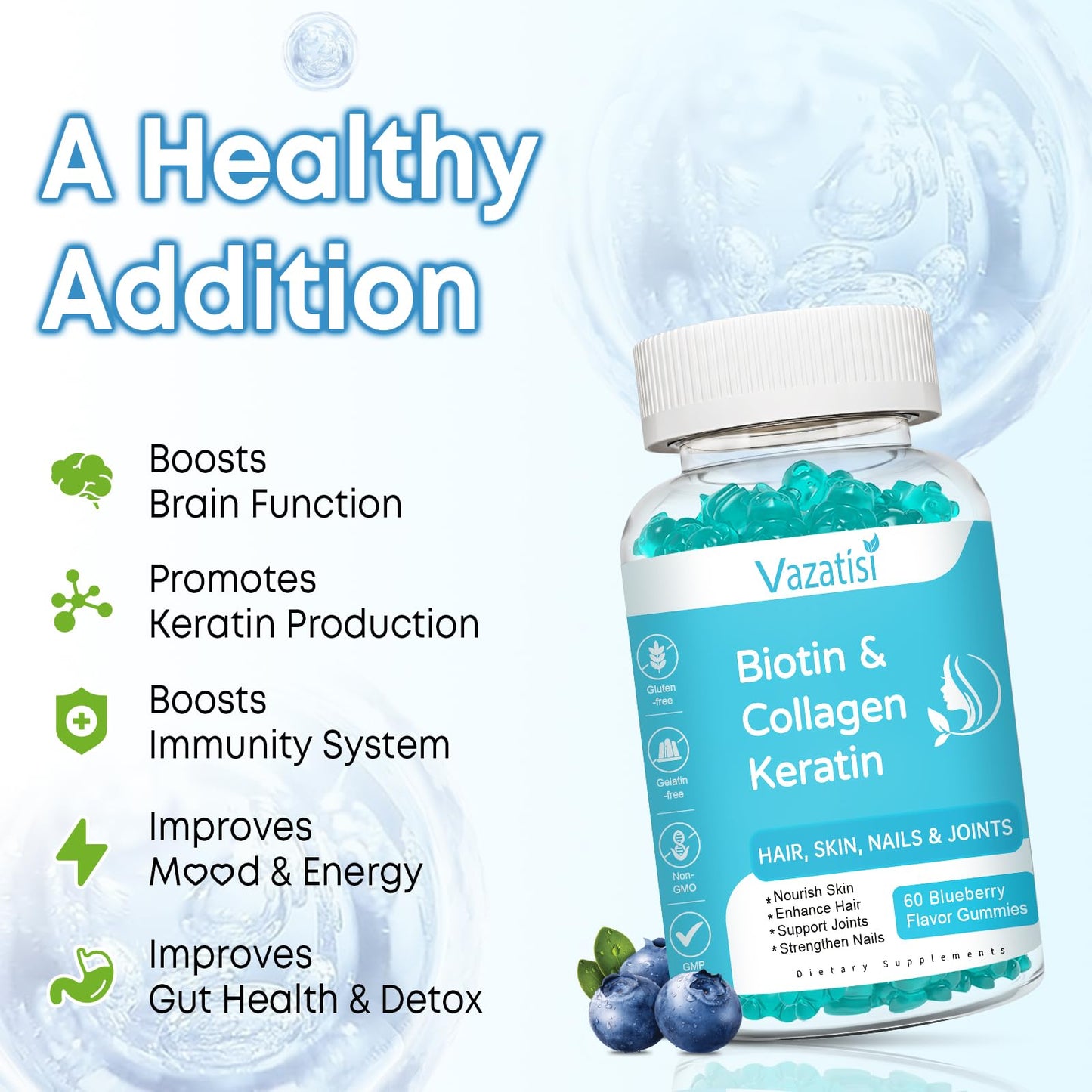 Vazatisi biotin 15000 mcg dietary supplement bottles highlighting the non-GMO and gluten-free seals