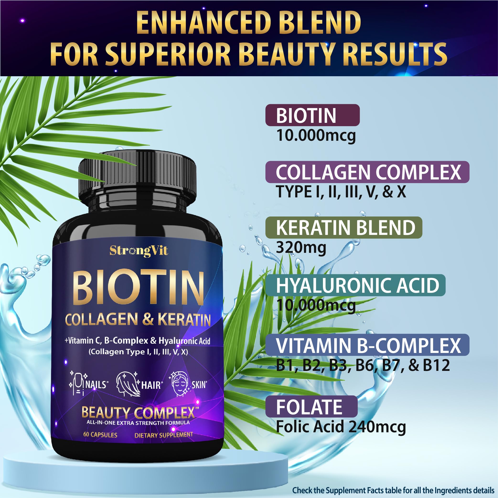 Vitboost hair skin and nails supplement showing extra strength ingredient label side