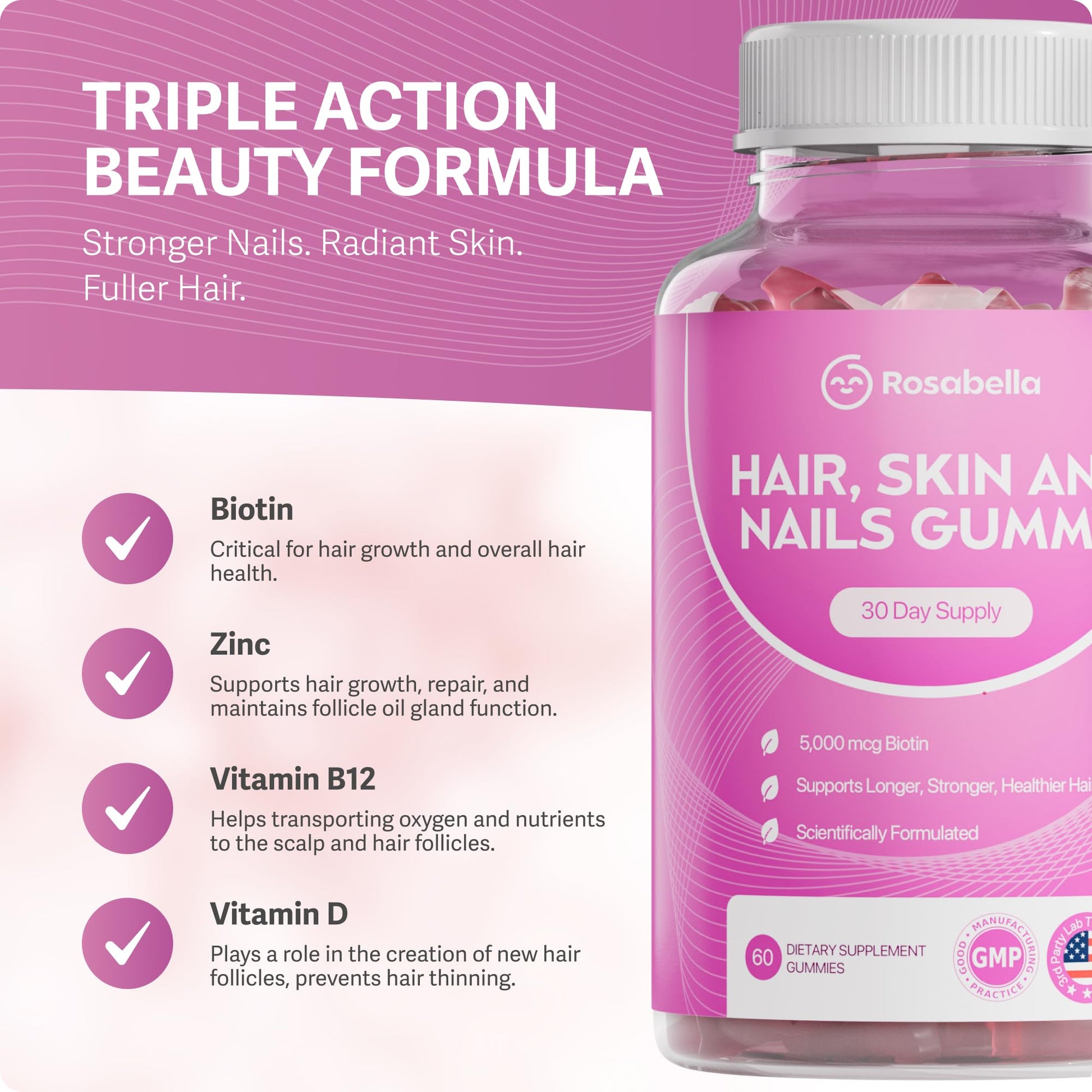 Rosabella hair skin and nails supplement showing sixty count supply facts