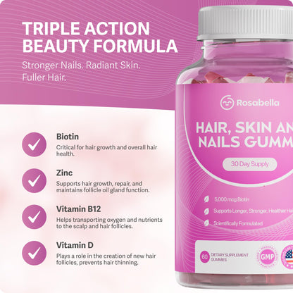 Rosabella hair skin and nails supplement showing sixty count supply facts