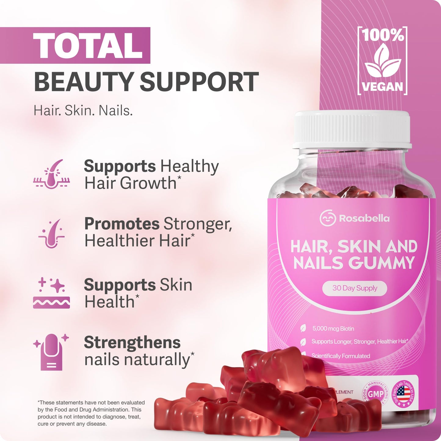 Rosabella imported biotin gummies for stronger hair and nails nutrition label