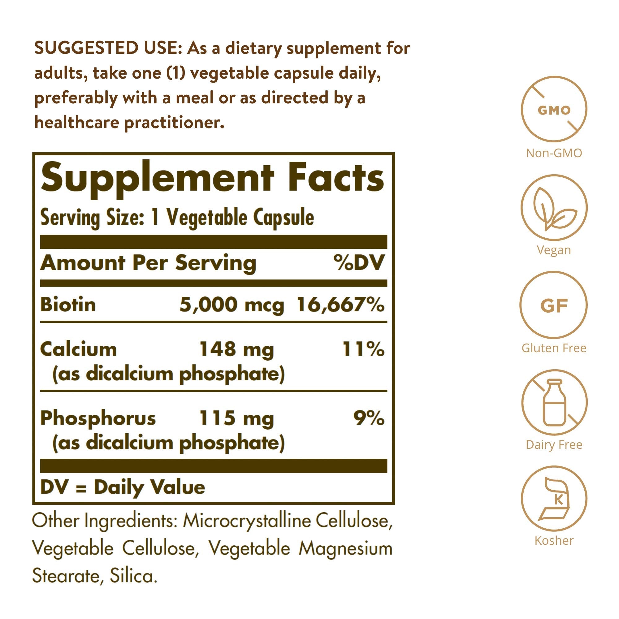 Solgar Super Potency Biotin supplement label details and ingredients view