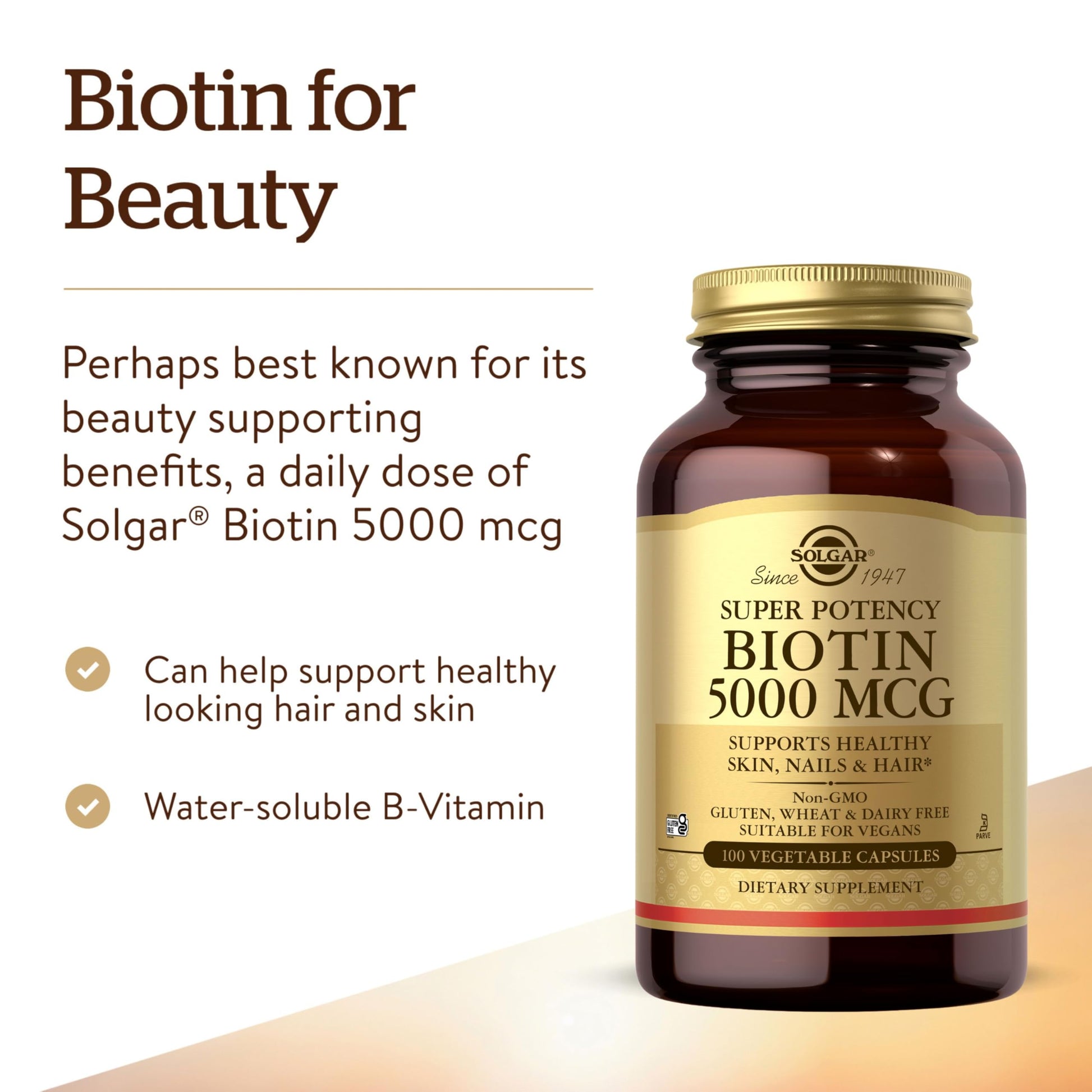 Amber glass bottle of Solgar Biotin vitamin B7 for skin and nails