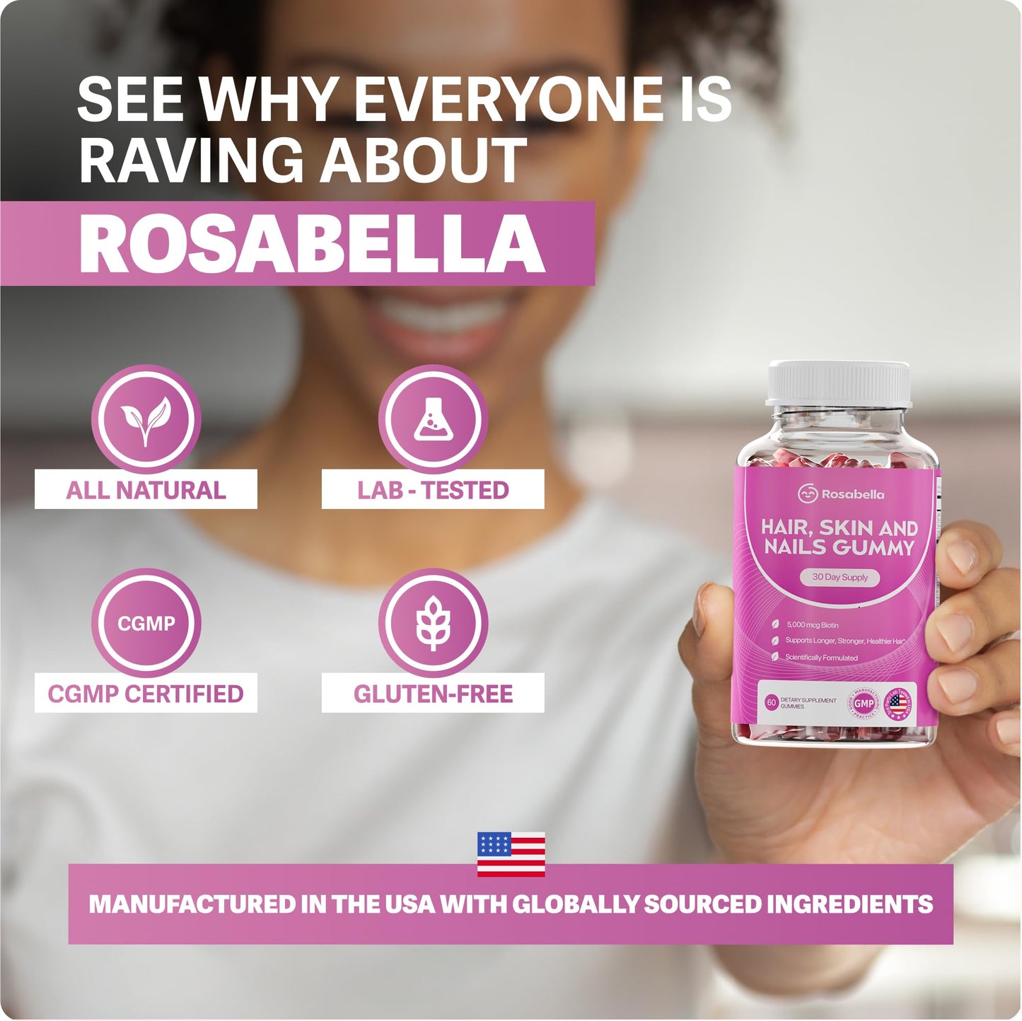 Rosabella premium gluten free hair health supplement for men and women
