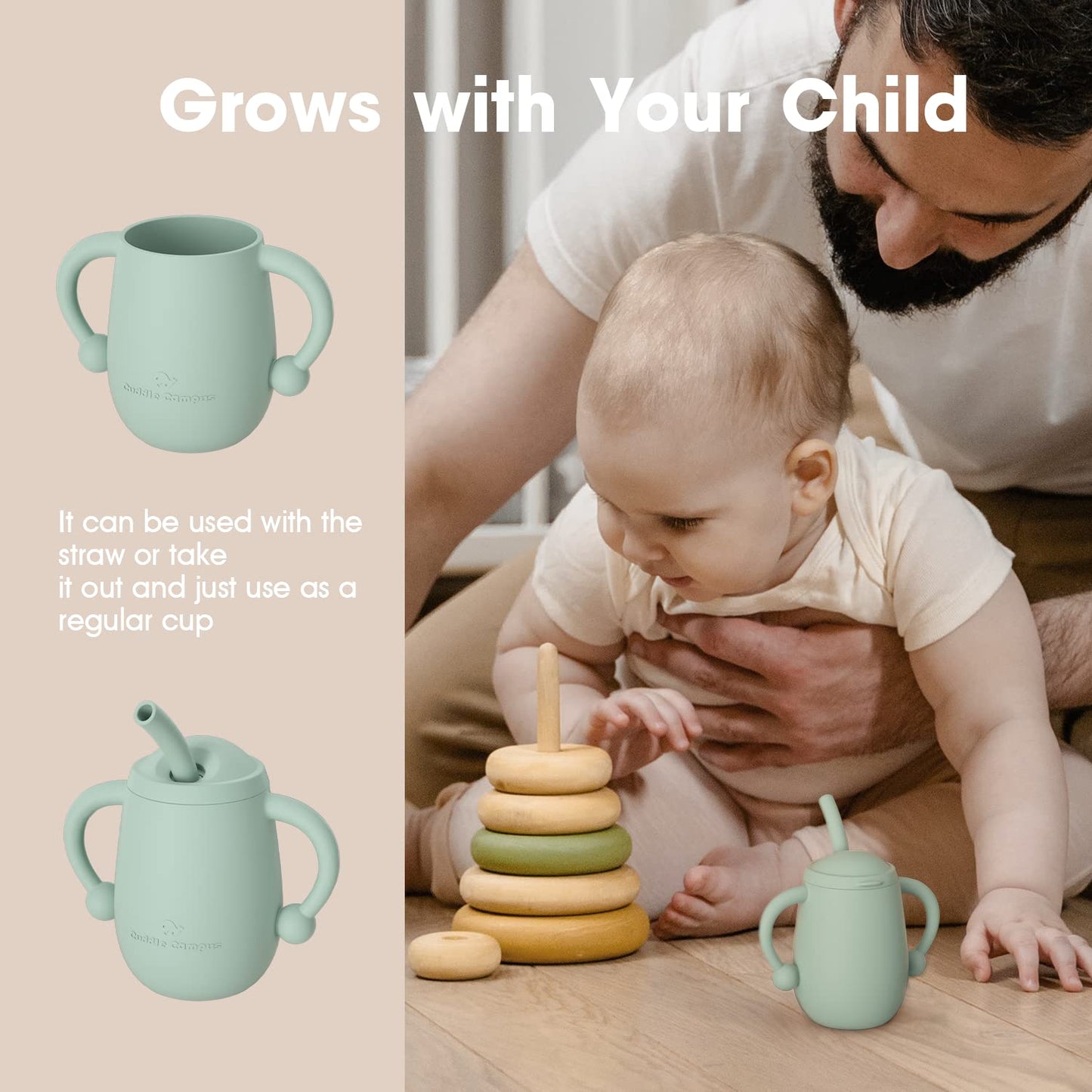Food grade silicone infant drinking cups being assembled with lid and straw