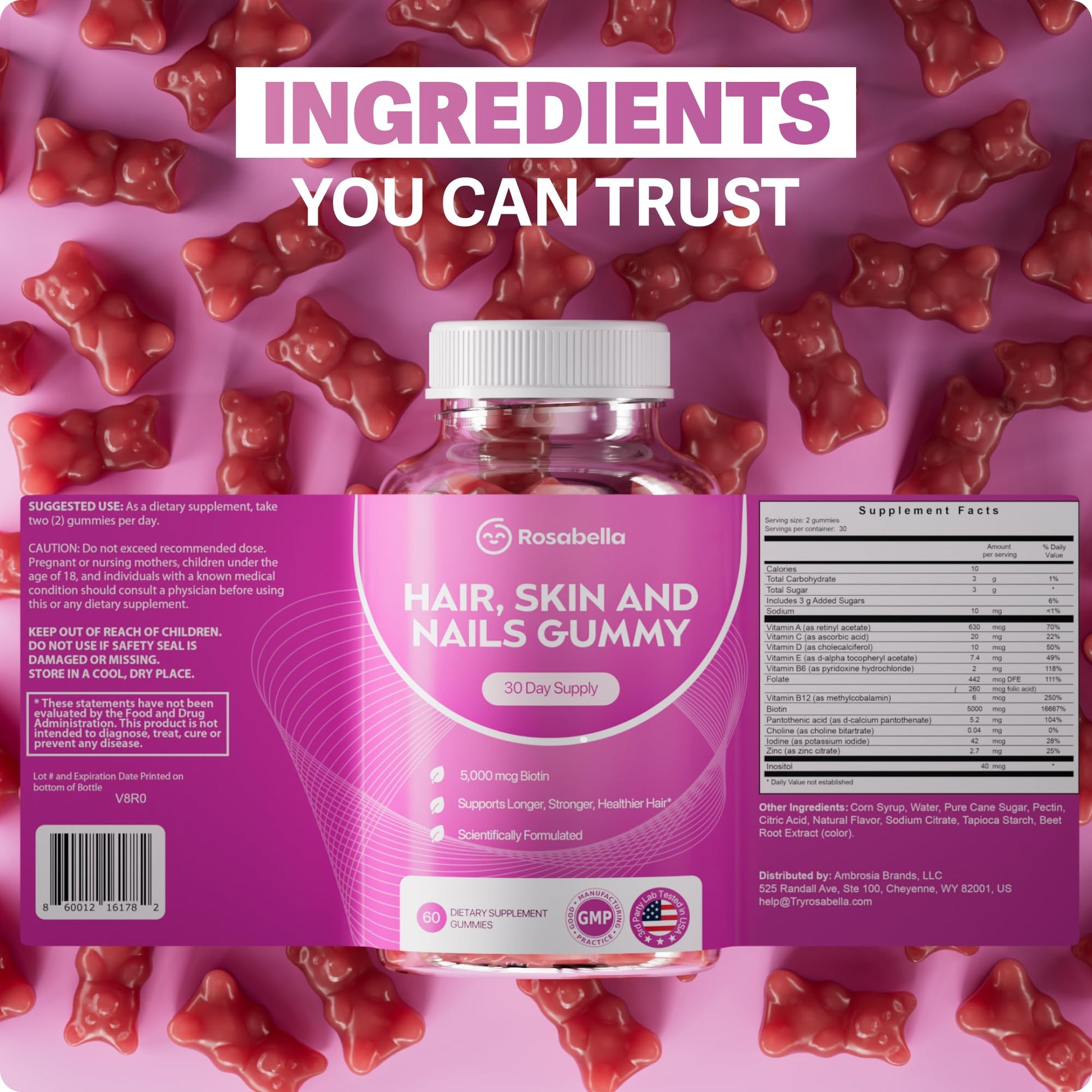 Rosabella plant based beauty vitamins featuring zinc and vitamin b12