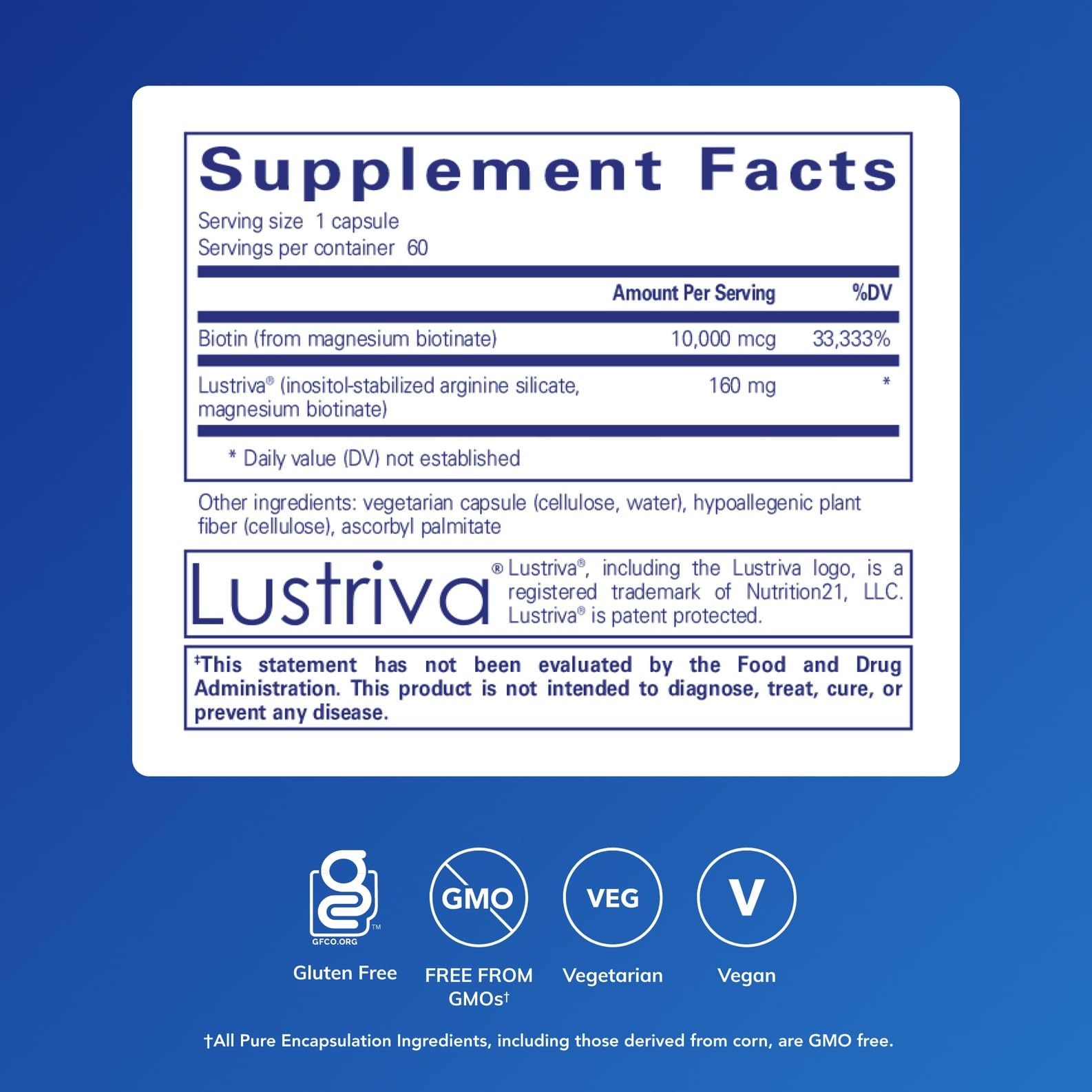Pure Encapsulations Biotin Complex supplement bottle angled view showing clear hypoallergenic and non-GMO product certifications.