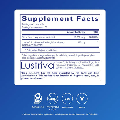 Pure Encapsulations Biotin Complex supplement bottle angled view showing clear hypoallergenic and non-GMO product certifications.