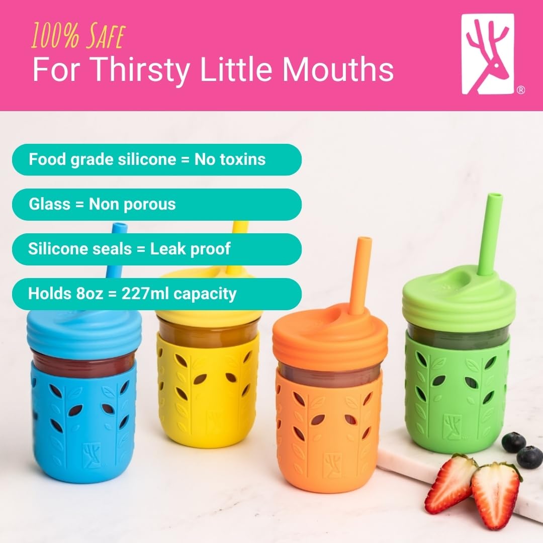 Premium eight ounce child glassware set with interchangeable smoothie straw lids and solid storage tops