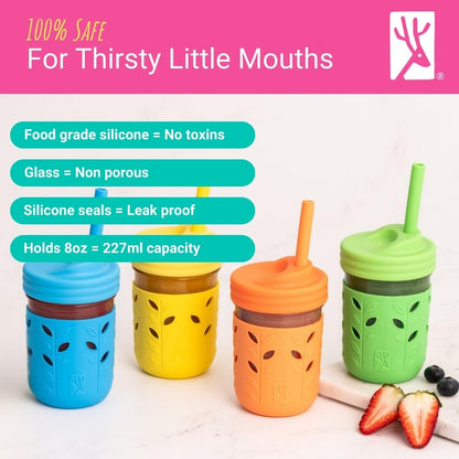 Premium eight ounce child glassware set with interchangeable smoothie straw lids and solid storage tops