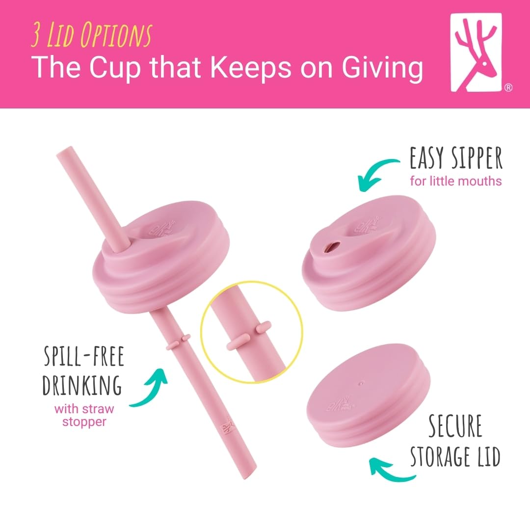 Eco friendly toddler cups featuring wide silicone straws with built-in caps to prevent spills