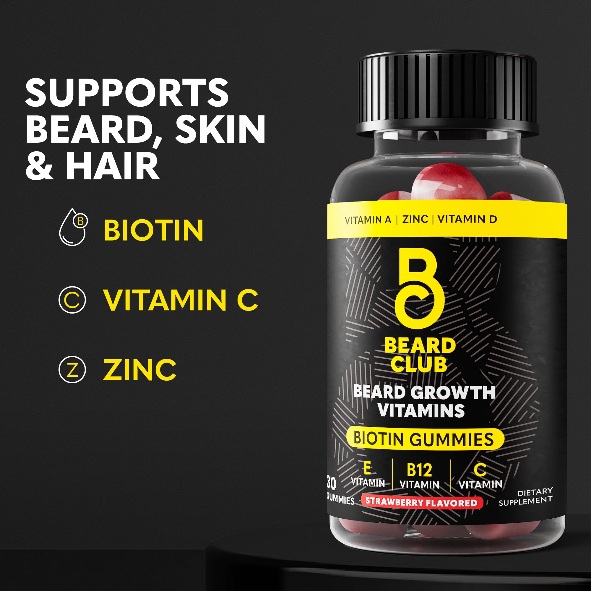 The Beard Club supplement bottle displaying key vitamins B12 C and E on the label
