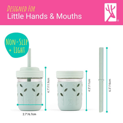 Dishwasher safe glass jars with non slip food grade covers for independent toddler drinking transition