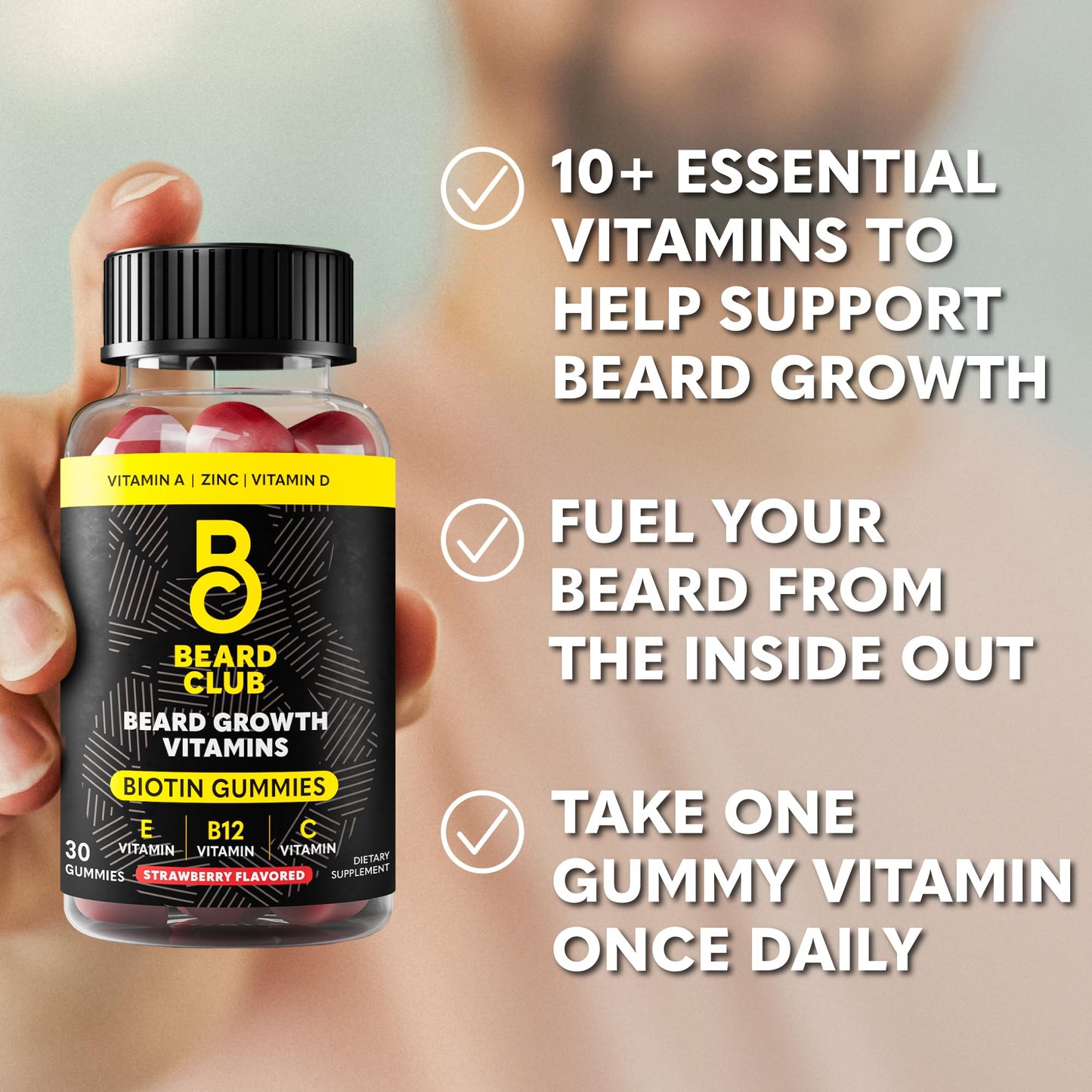 Close up of the supplement facts and daily dosage instructions for the men's beard gummies