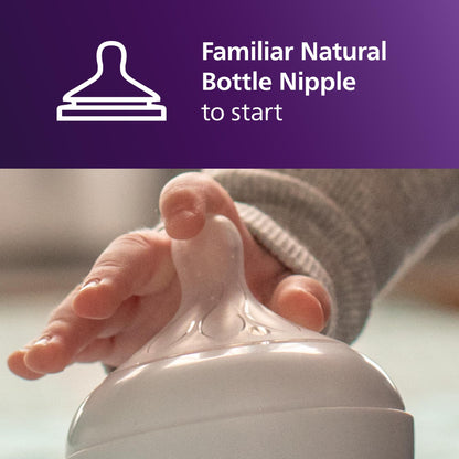 Philips Avent Natural Trainer Sippy Cup with the Flow 5 Natural Response nipple attached.