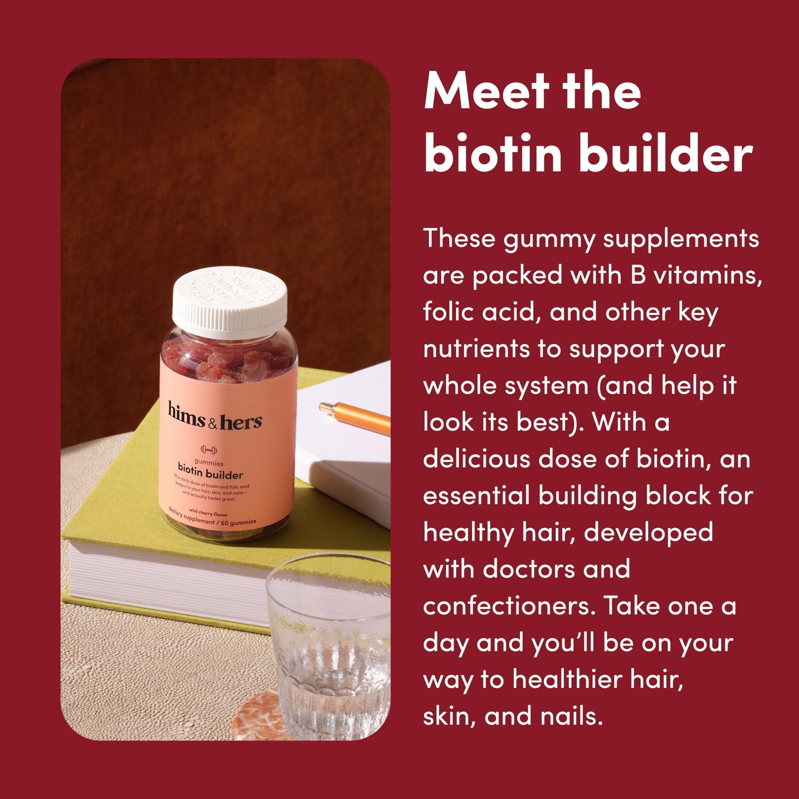 Hims And Hers Wild Cherry flavor biotin supplement gummies close-up visual