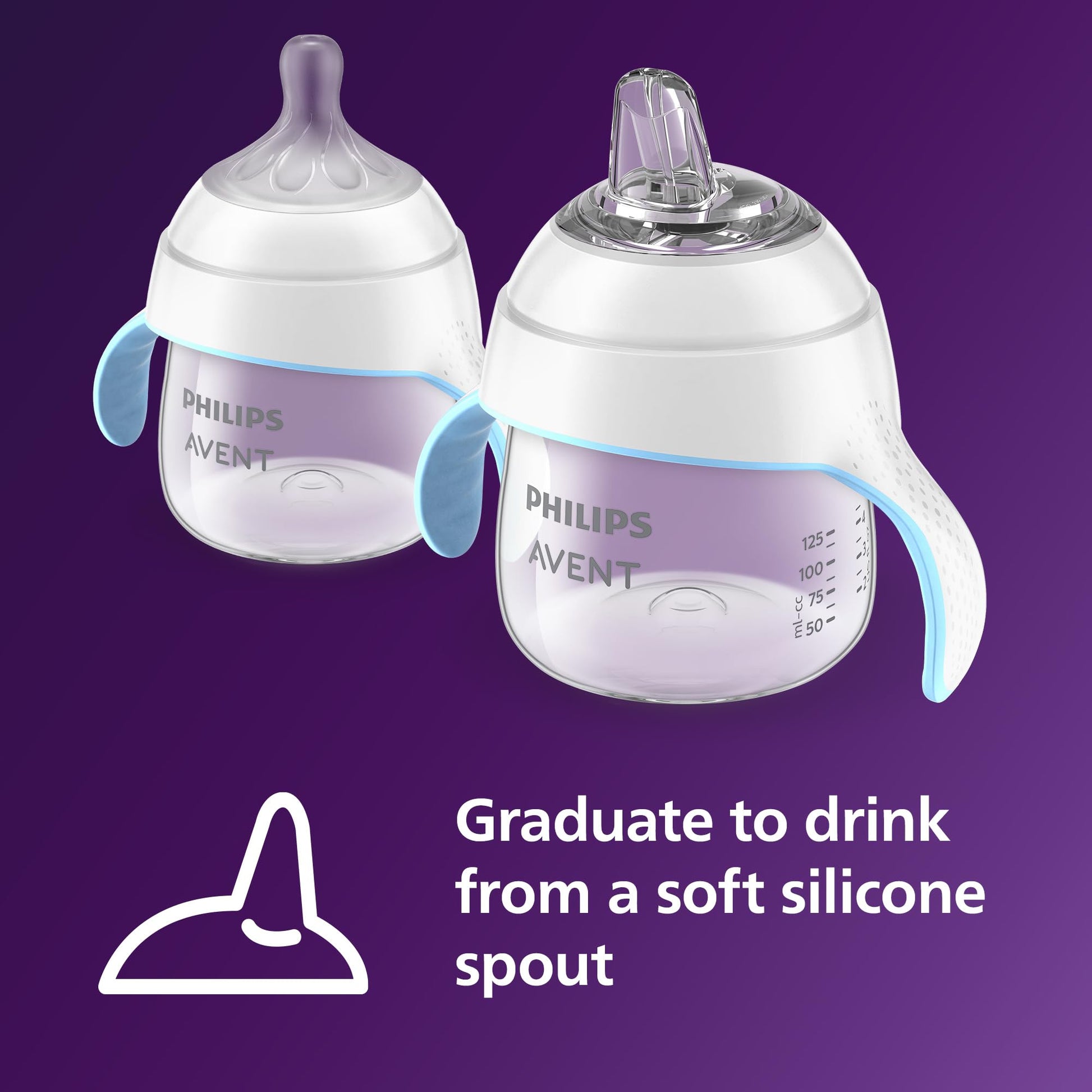 Philips Avent baby training cup displaying the rubberized non slip handles for easy grip.