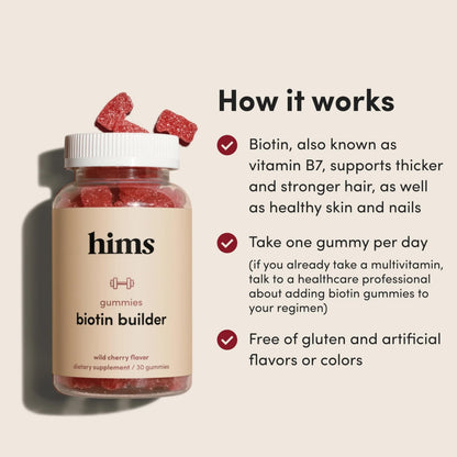 Back label of Hims And Hers Biotin Builder showing nutritional facts and vitamin blend details