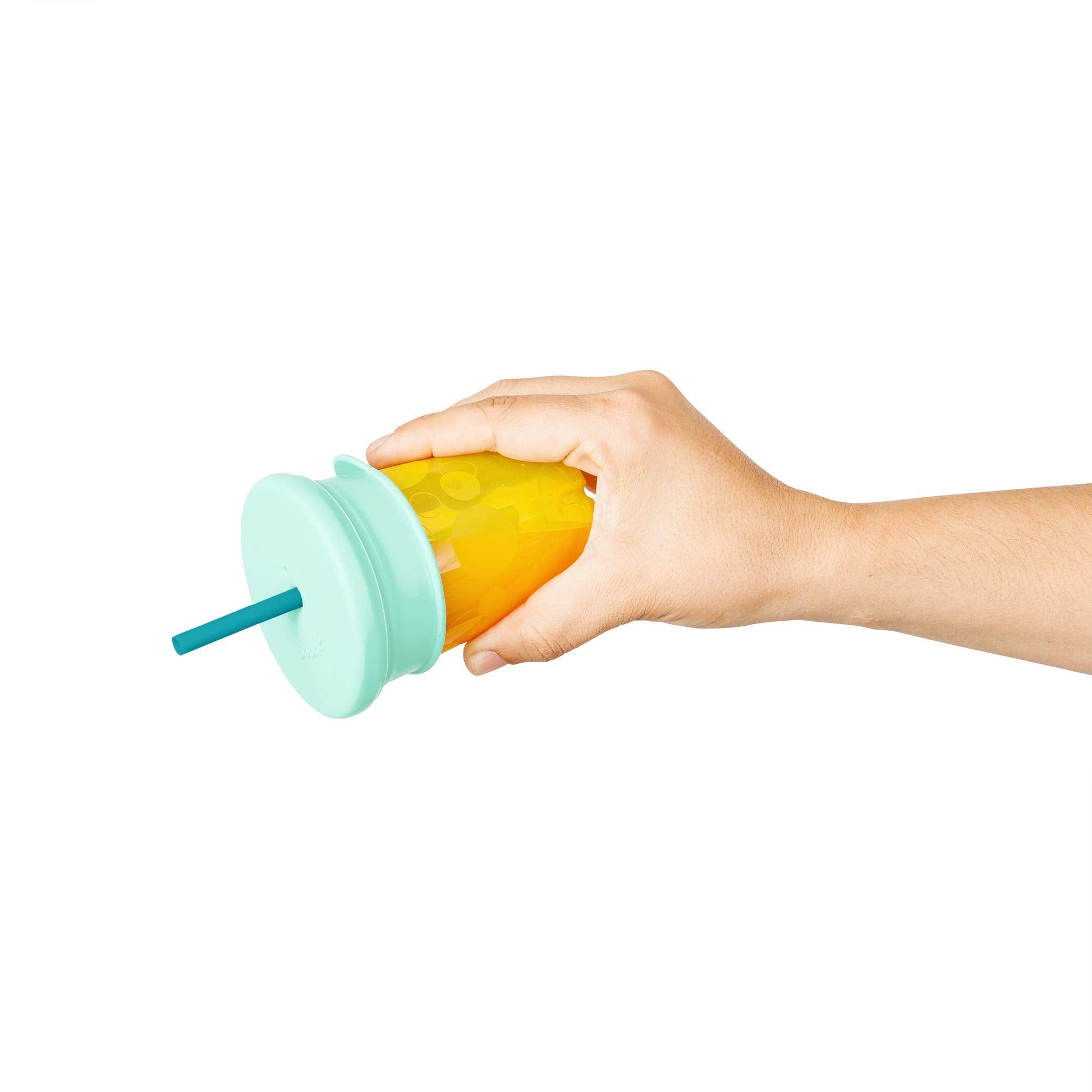 Close up view of the BPA free food grade silicone material and universal straw hole on the Boon Snug cup cover