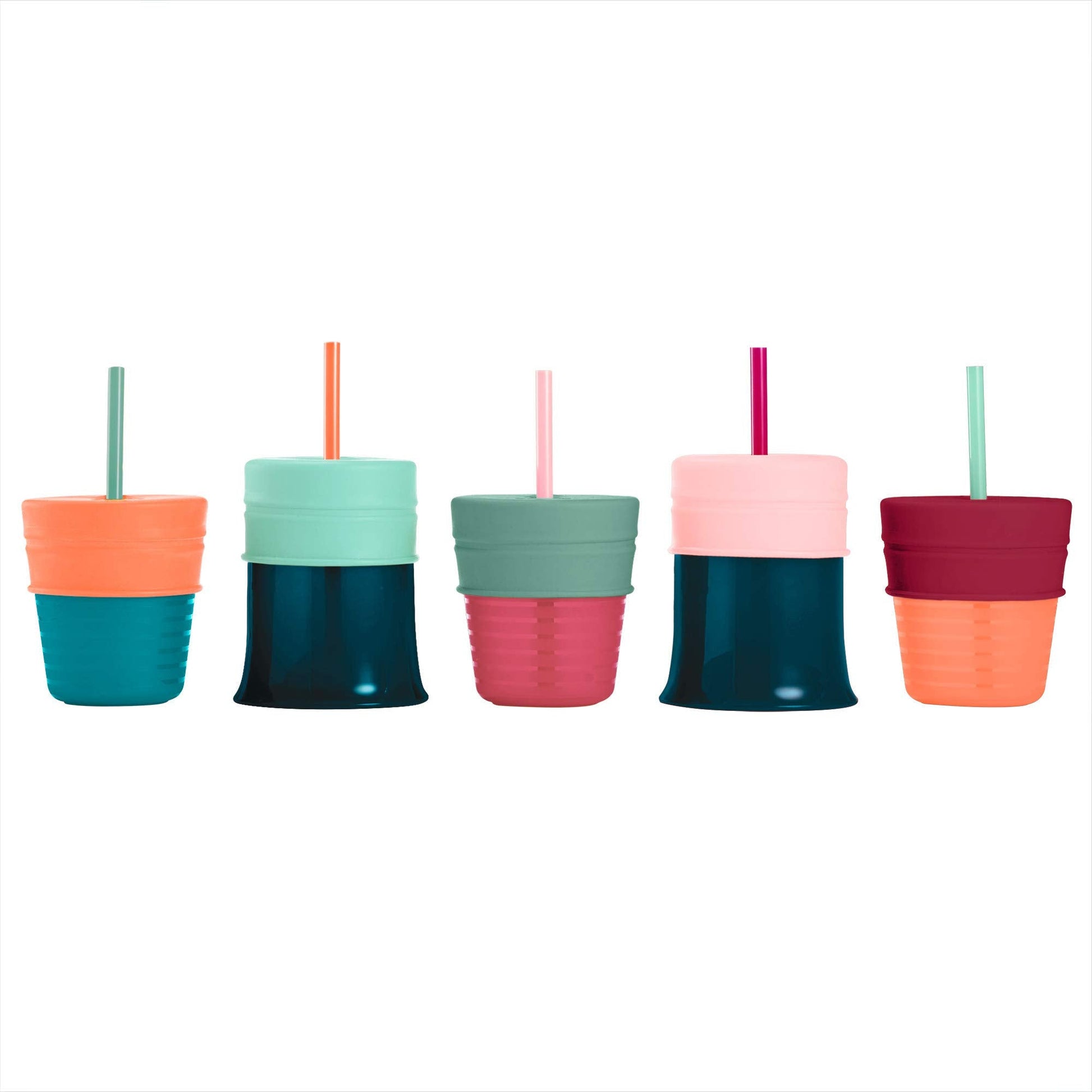 Boon Snug travel essential spill proof sippy cup lids set being stretched over a kitchen glass cup demonstrating flexibility