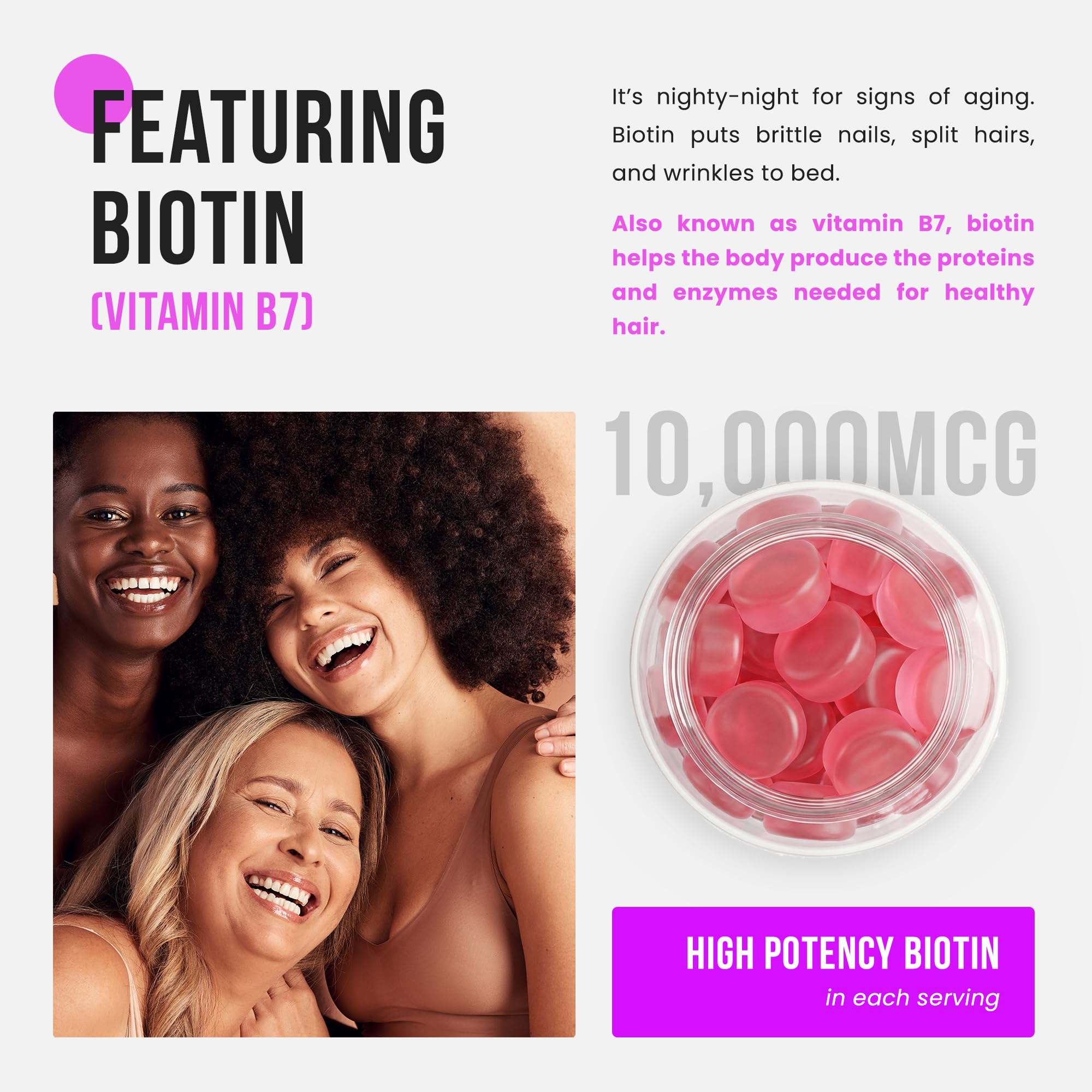 NutraChamps high potency biotin supplements showing raspberry flavored chewable vitamins side panel