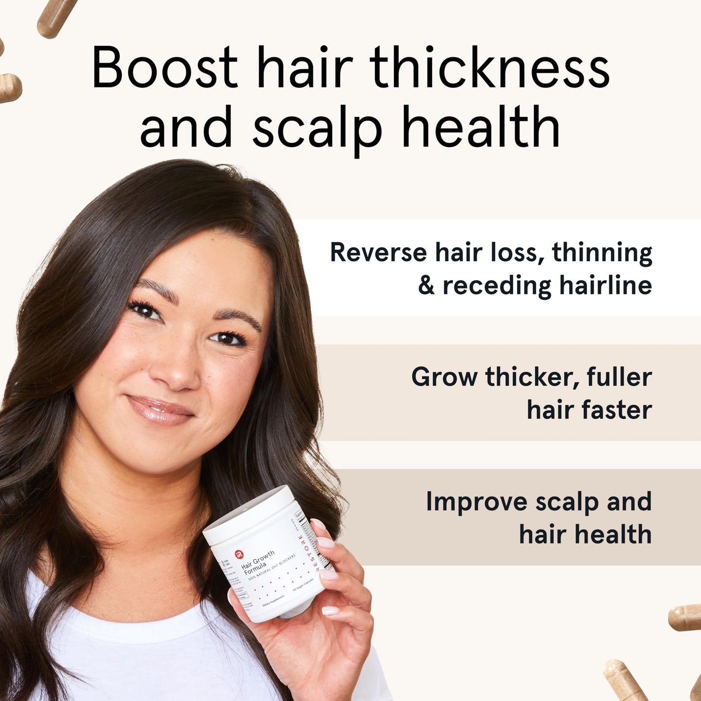 Side view of iRestore hair supplement bottle showcasing premium ingredients like saw palmetto and reishi mushroom