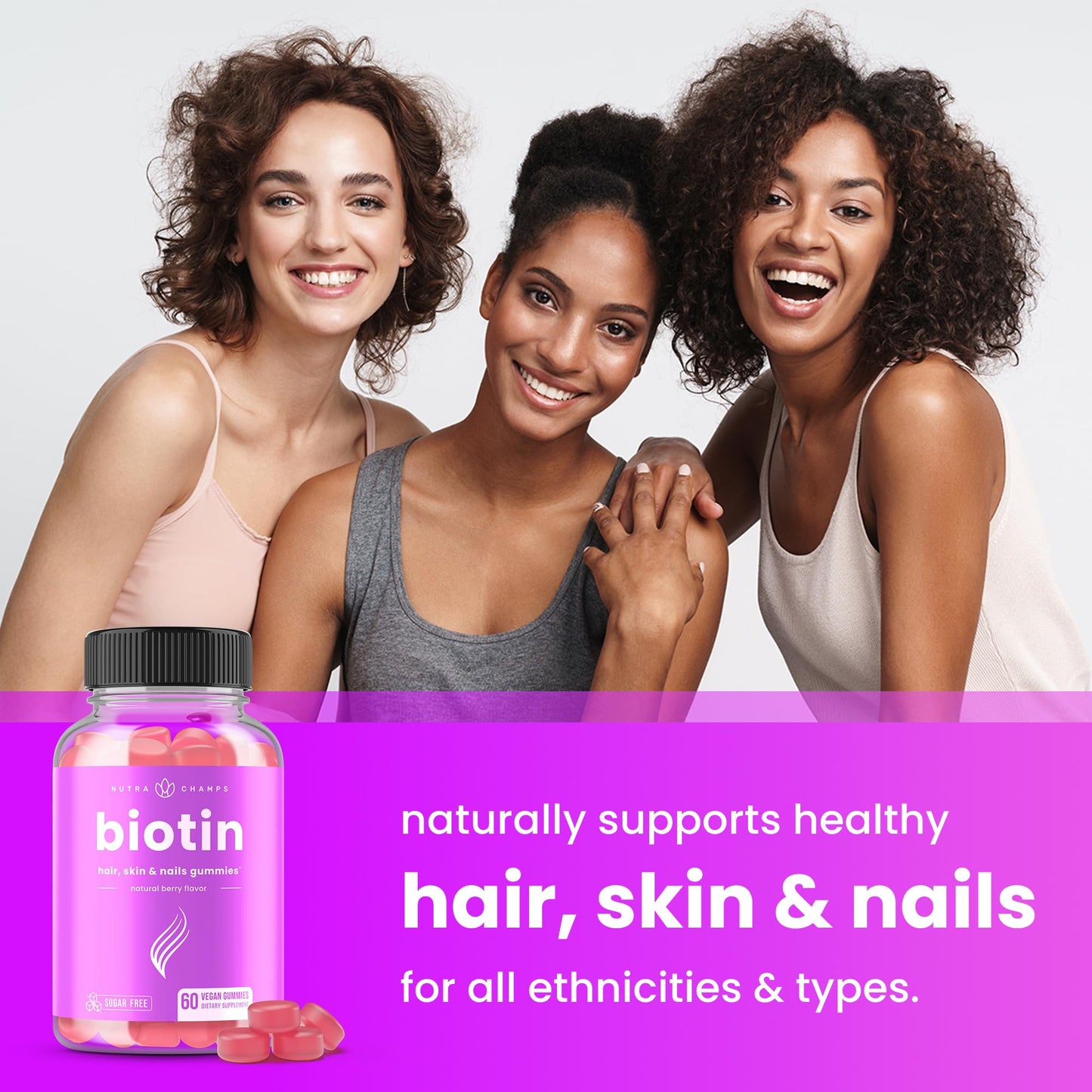 NutraChamps plant based 10000 mcg biotin gummies nutritional facts label and clean ingredients