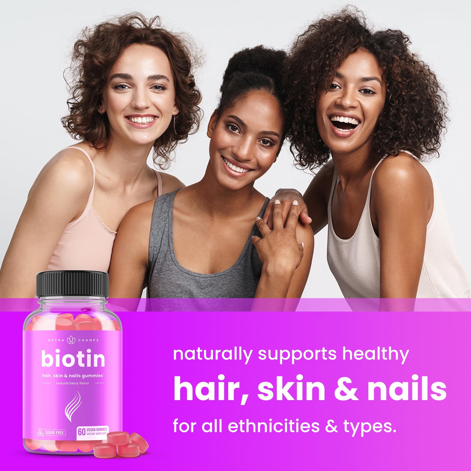 NutraChamps plant based 10000 mcg biotin gummies nutritional facts label and clean ingredients