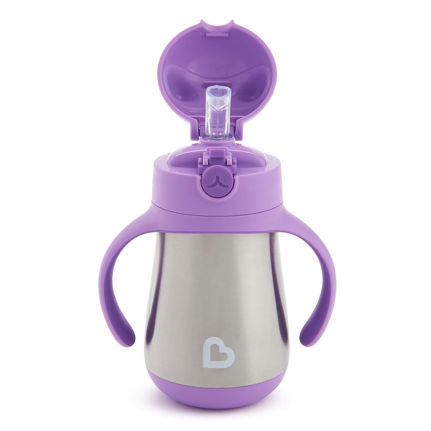 Premium double walled stainless steel base of the 8 ounce Munchkin Cool Cat purple cup