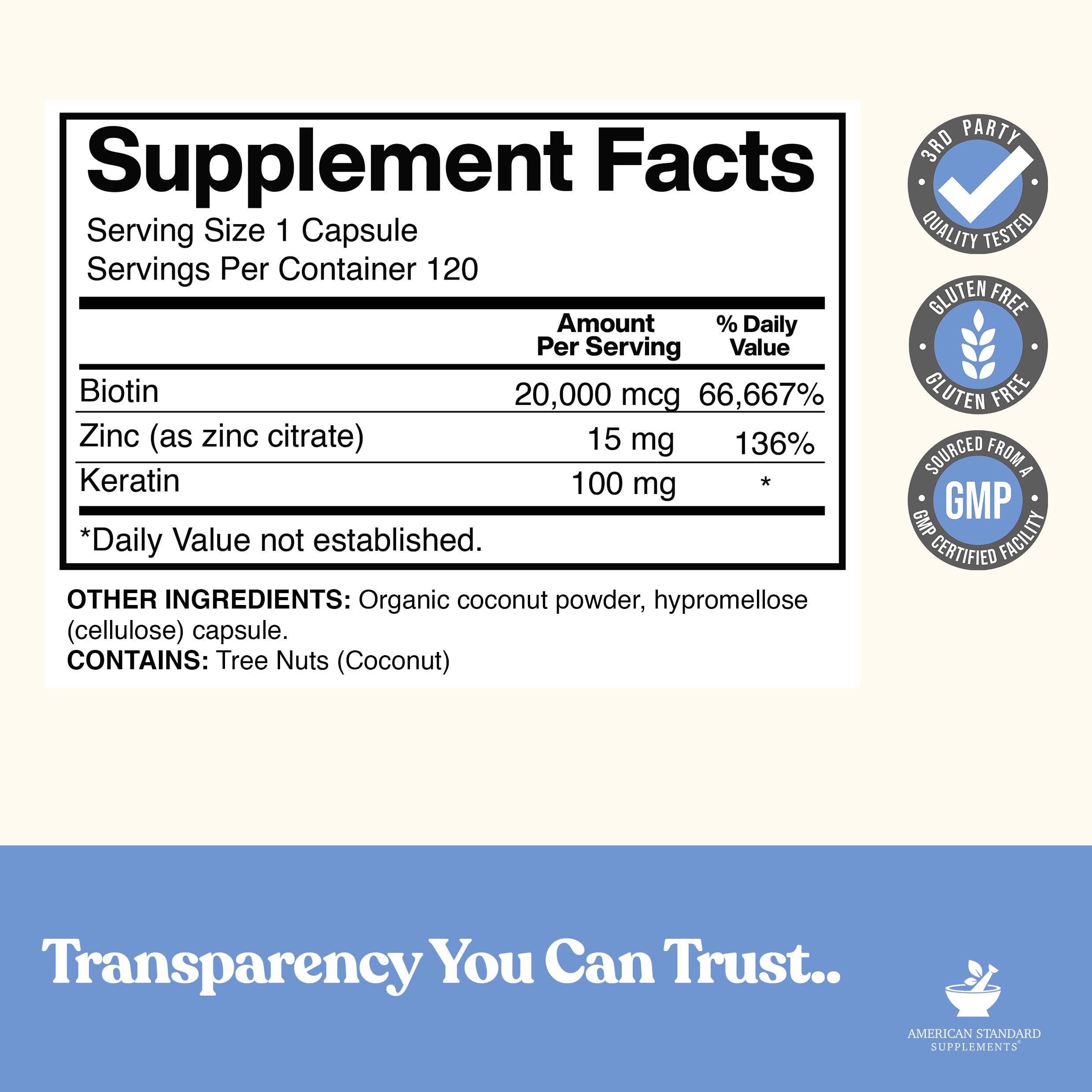 American Standard Supplements Biotin 120 veggie capsules supplement facts panel