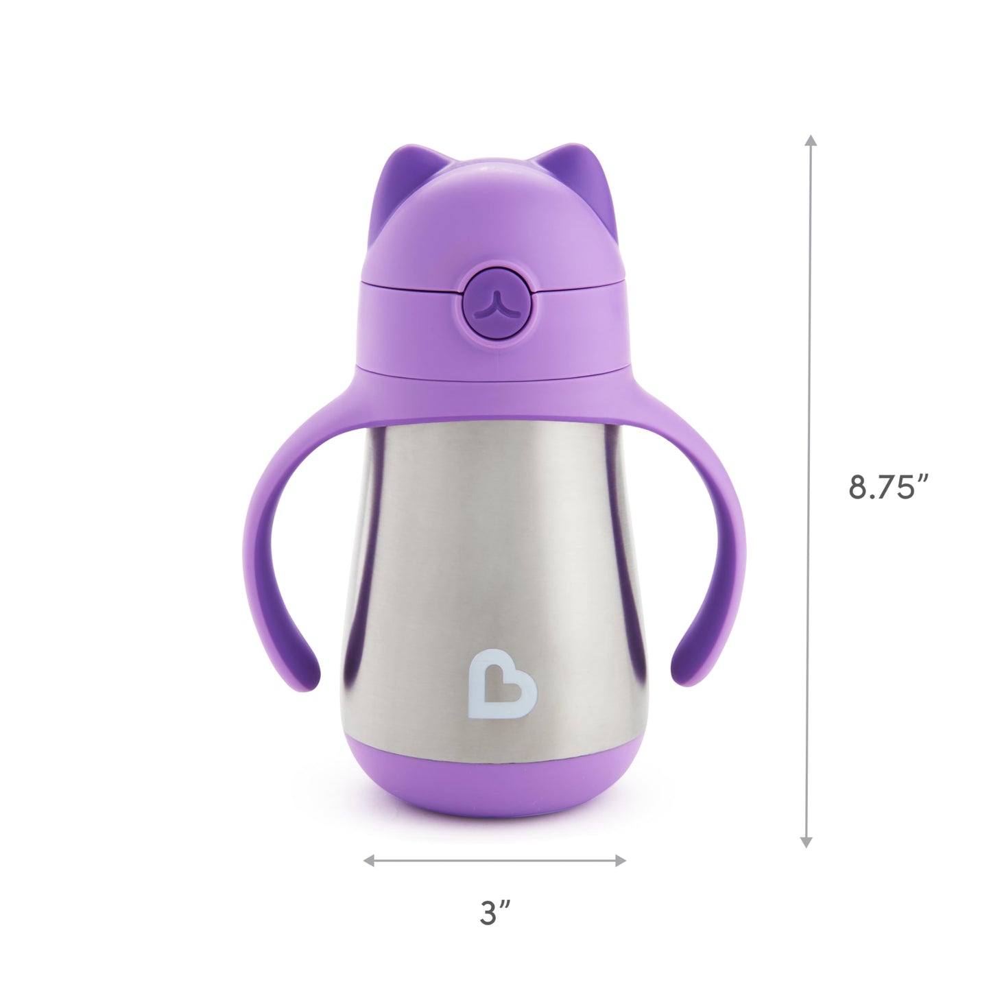 Munchkin Cool Cat purple sippy cup for toddlers shown with the protective cat ear cover closed