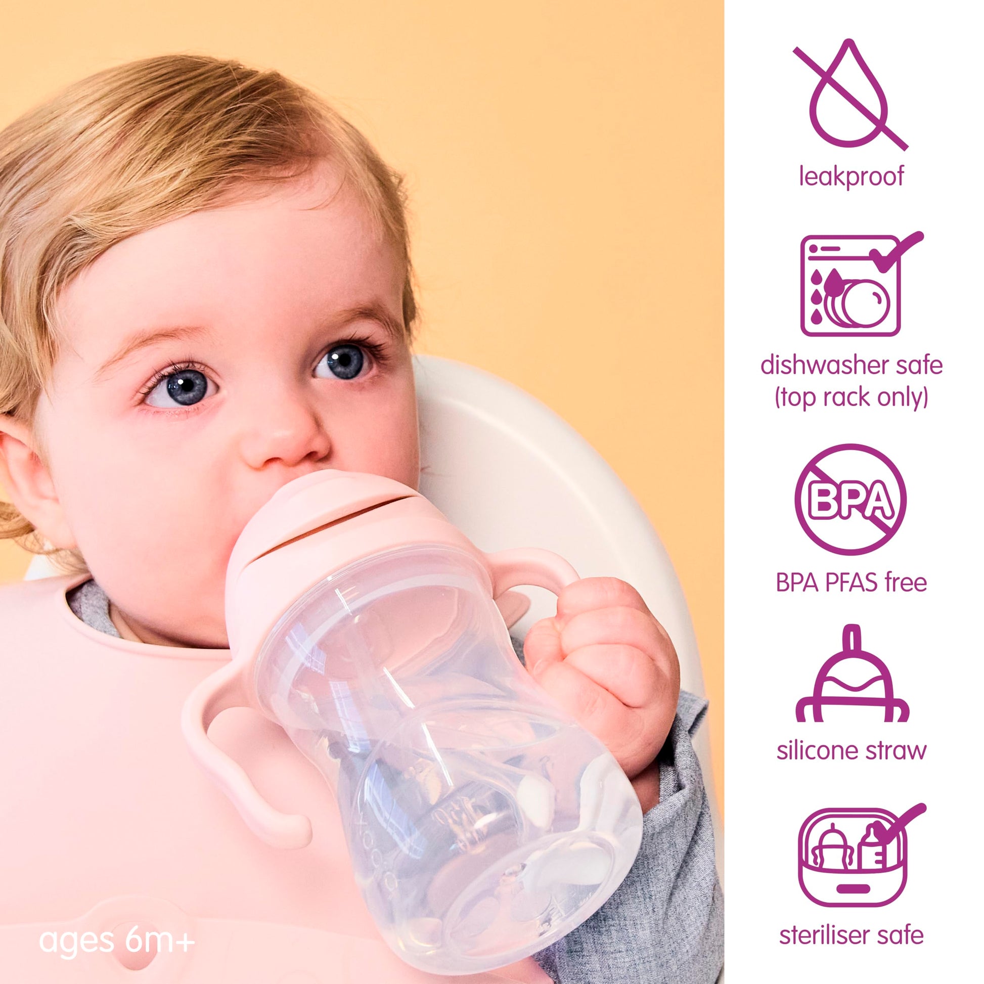 Blush pink 8 ounce toddler cup with unique flexible weighted straw system.