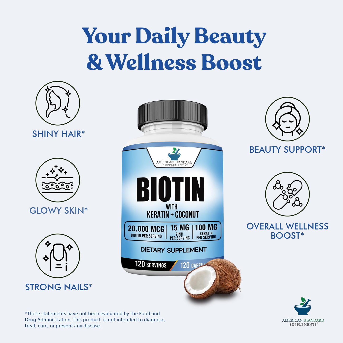 Authentic non GMO gluten free biotin with organic coconut powder supplement bottle
