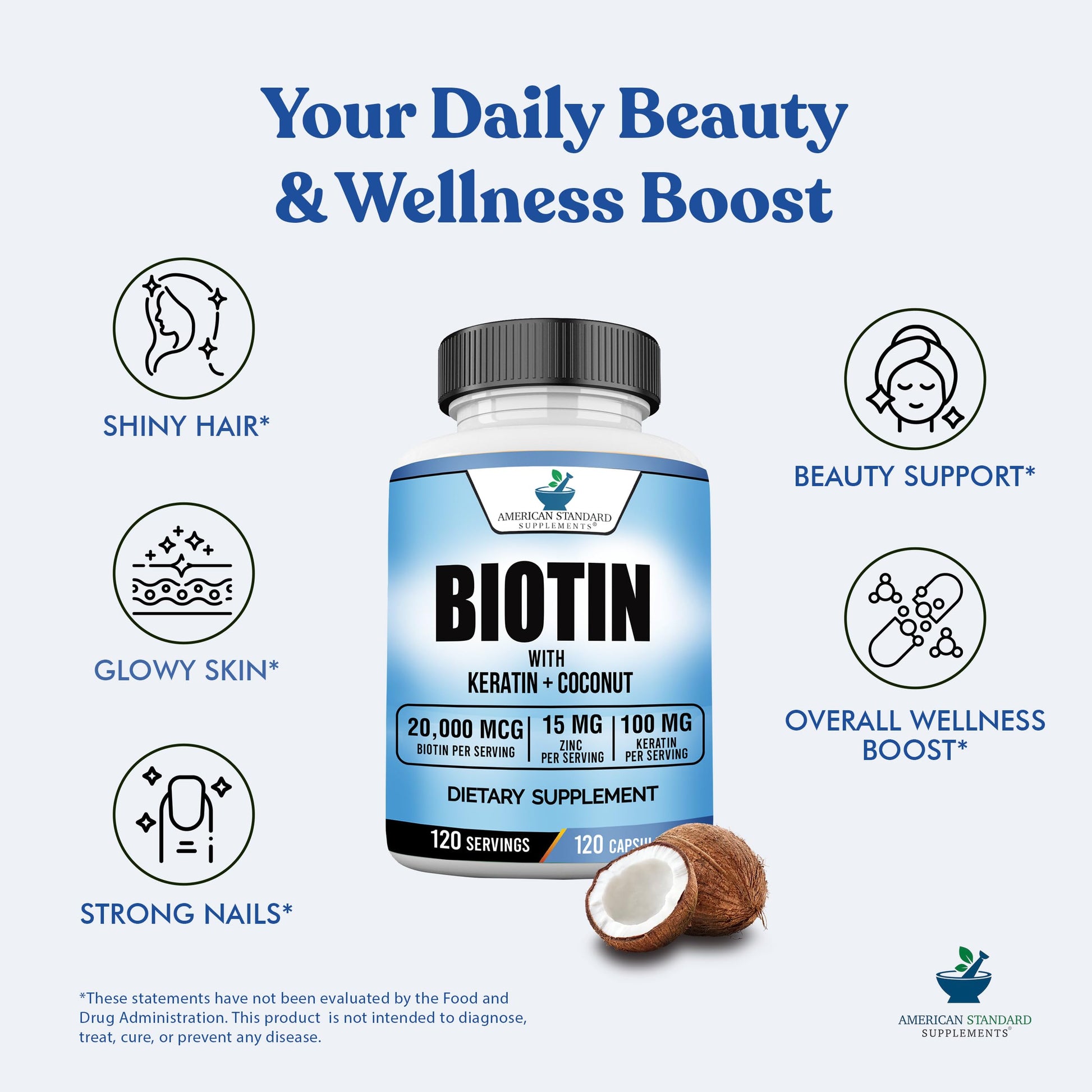 Authentic non GMO gluten free biotin with organic coconut powder supplement bottle