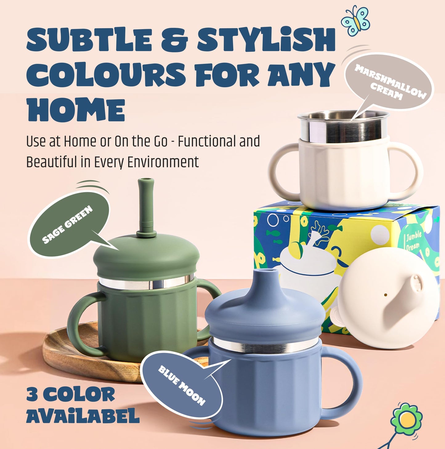 Side view of Jumble Dream toddler cup with ergonomic handles