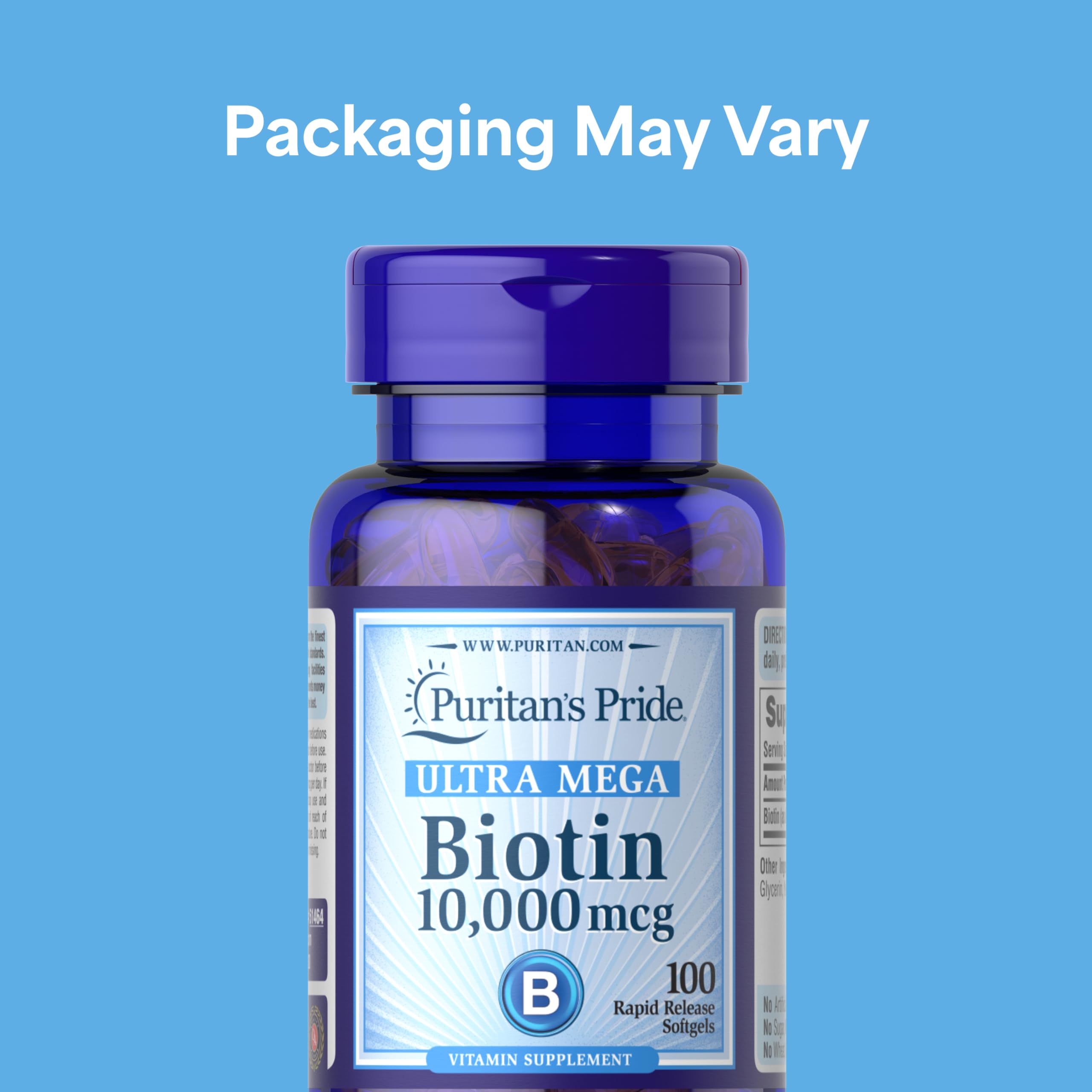 Puritans Pride Ultra Mega Biotin supplement fact panel showing ingredients list