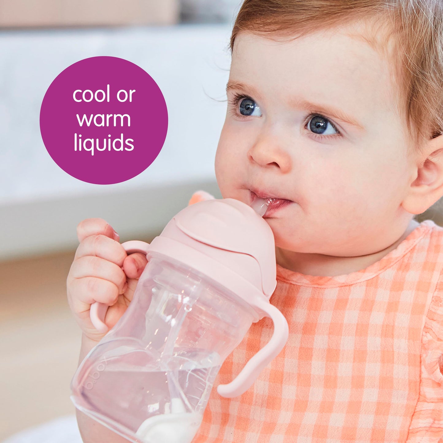 B.Box blush pink toddler sipper showing top rack dishwasher safe materials.