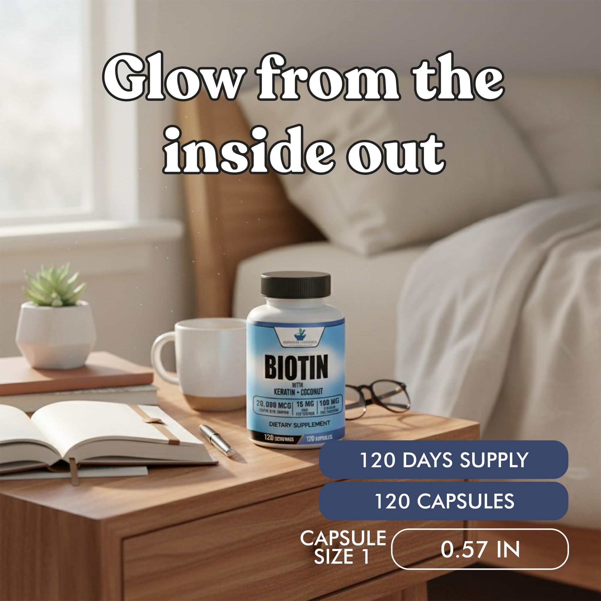 Imported high dose biotin 20000 mcg bottle showing allergen free icons